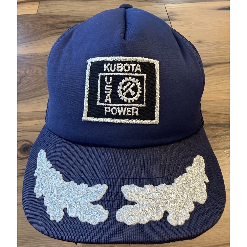 Vtg Kubota USA Power Trucker Hat Mesh Snapback Navy Blue Tractor Farmer Cap